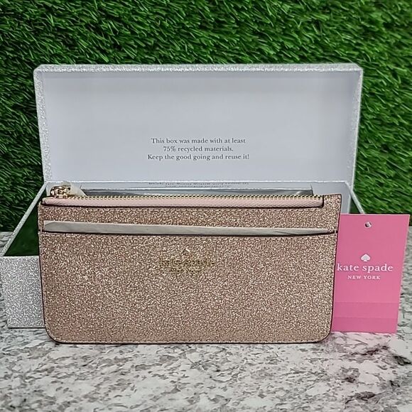 Kate Spade Wallet Tinsel Boxed Large Slim Card Holder in Glitter, Rose Gold - Picture 11 of 14